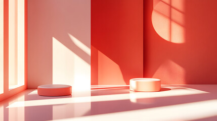 A minimalist studio with platforms bathed in natural light and shadows, ideal for showcasing products.