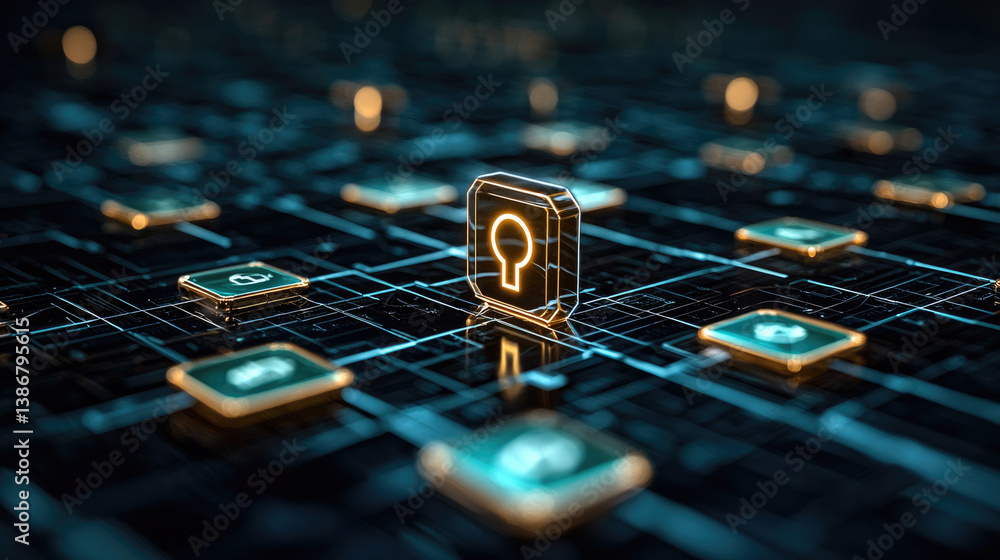 Poster vast digital network featuring glowing lock icons, symbolizing cybersecurity and data protection. interconnected grid represents technology and security in digital age