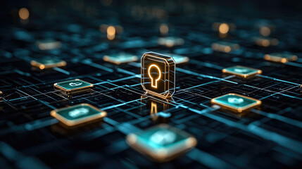 vast digital network featuring glowing lock icons, symbolizing cybersecurity and data protection. interconnected grid represents technology and security in digital age