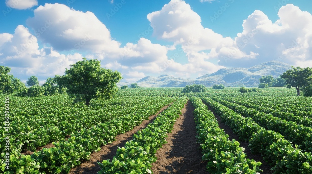Poster high-quality groundnut field in lush green rows under a partly cloudy sky. generative ai illustratio