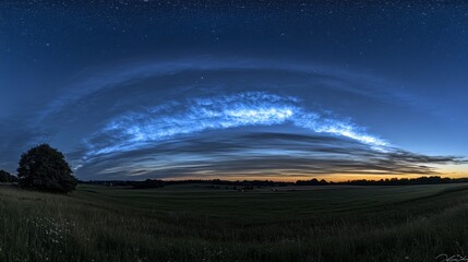 Fototapeta premium Noctilucent Cloudscape Panoramic Night Field with Stars and Twilight Glow