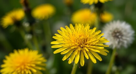 Fototapeta premium Golden Dandelion Bloom: Nature's Burst of Yellow AI Generated
