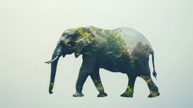 double exposure effect of an elephant walking and green jungle. World wildlife day illustration - Powered by Adobe