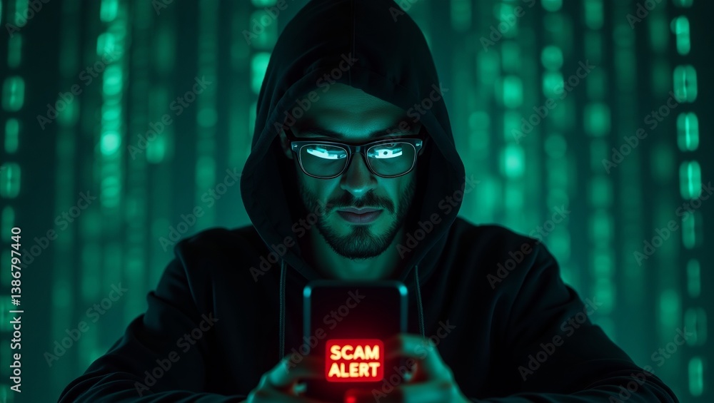 Poster a male in a hooded sweatshirt looks at a smartphone displaying a 'scam alert' message, surrounded by