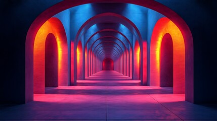 Fototapeta premium Vibrant Neon Lit Archway Corridor Abstract Architecture Pink and Blue Illumination Modern Design