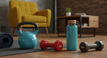 Home Fitness Setup: Kettlebell, Dumbbells, Water Bottle, and Yoga Mat on Wooden Floor with Yellow Armchair in Background