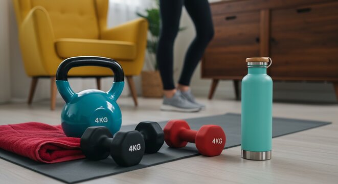 Home Fitness Workout: Kettlebell, Dumbbells, Yoga Mat, and Water Bottle on Wooden Floor