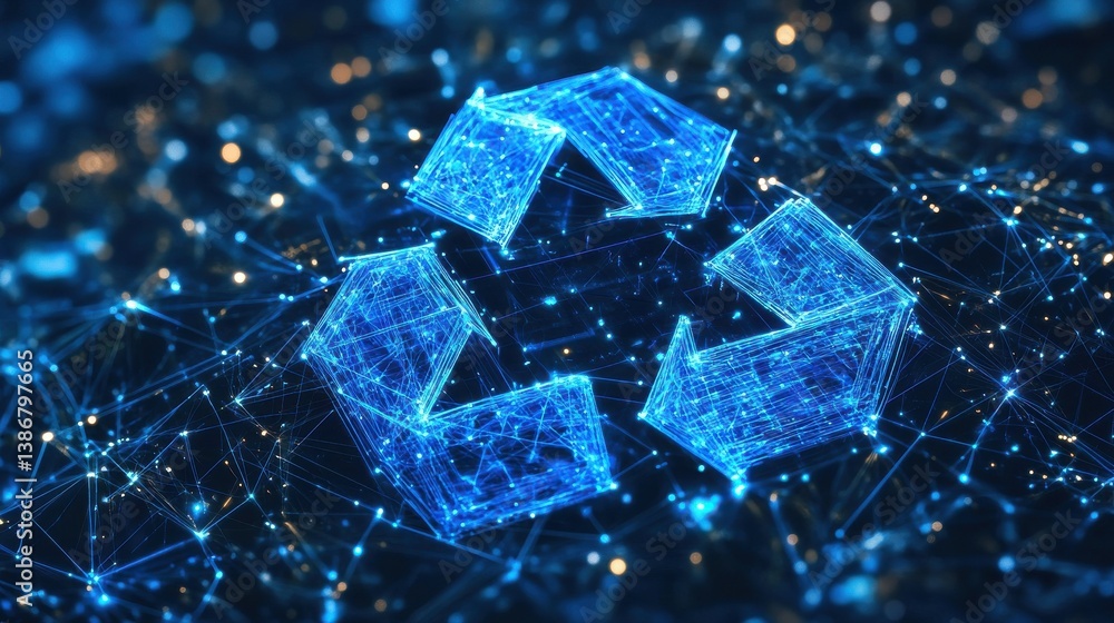 Aufkleber a blue 3d recycling symbol surrounded by a complex web of glowing network connections and digital no