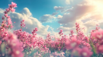 Obraz premium Beautiful close-up view of pink flowers on a field, with a sunny blue sky and clouds. illustration