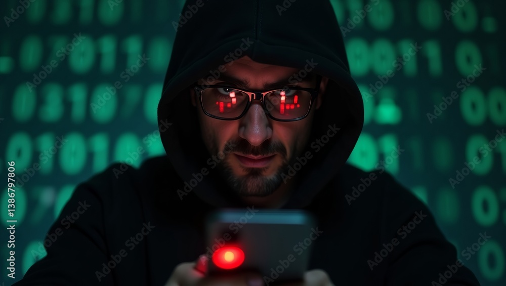 Poster a focused man in a black hoodie examines his smartphone, with glowing binary code in the background,