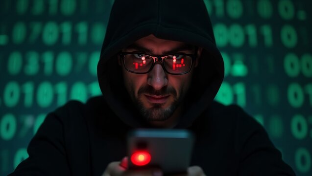 A focused man in a black hoodie examines his smartphone, with glowing binary code in the background, creating a tech-savvy atmosphere.