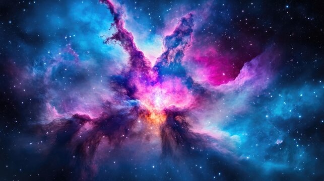 A vibrant nebula dominates the image, showcasing swirling clouds of pink, purple, and blue. Stars are scattered throughout the cosmic scene. The high-resolution image features vivid colors and a drea