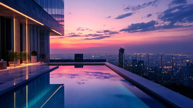 Reflective rooftop pool capturing twilight city skyline, a serene urban oasis concept