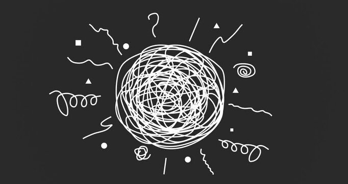 Animation hand drawn tangle with scrawl, scribble. Doodle thread drawing chaotic abstract background. Self drawing animation of line.