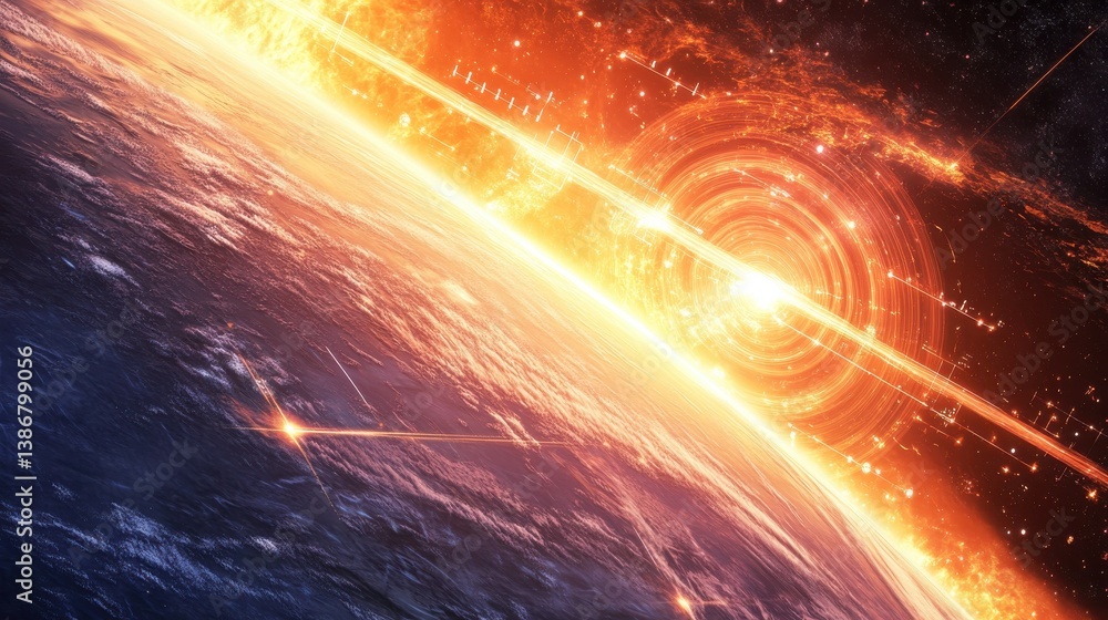 Poster conceptual image of a global communication network, illustrating radio waves traveling between satel