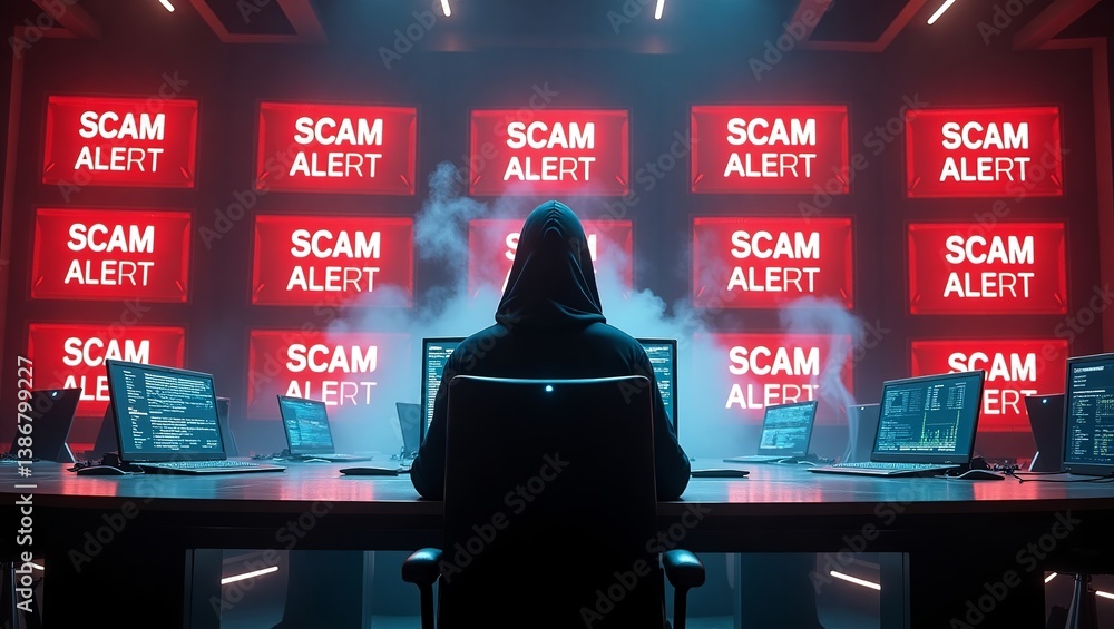 Poster a hooded figure sits in front of multiple screens displaying 'scam alert' in a dimly lit setting, cr