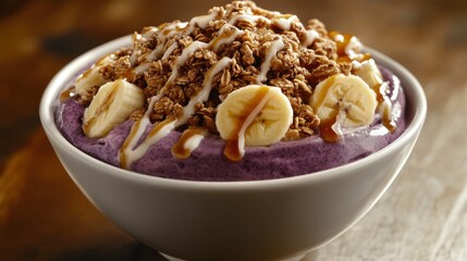 A colorful bowl of acai with granola, banana, and honey drizzle. Featuring health and energy