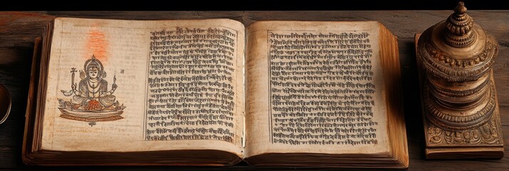 Obraz premium Open book with text and illustration on a wooden surface