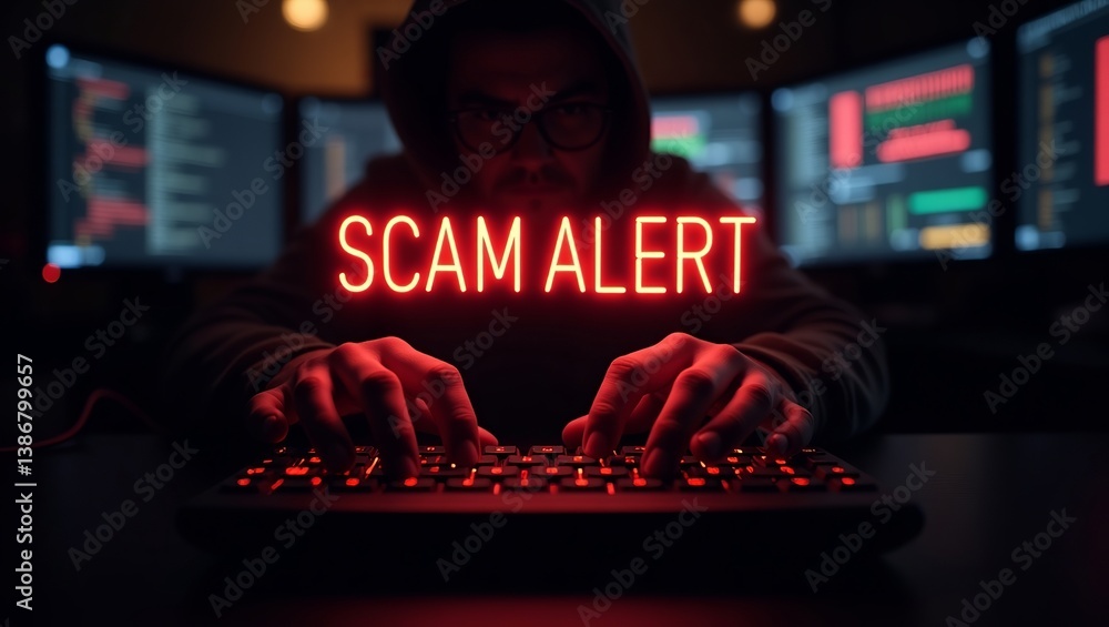 Poster a male hacker in a hoodie typing on a keyboard, illuminated by screens displaying data, with a bold 