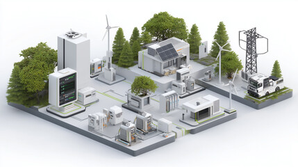 A conceptual clean energy microgrid with interconnected devices and compact energy sources on a white background.