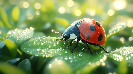 Obraz premium Ladybug on Dew Kissed Clover Leaf of excellence in splendor beyond compare with grace in style