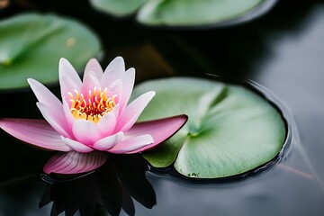 Serene Pink Water Lily Blooming on Calm Dark Pond Surface