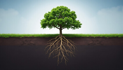 Obraz premium Strong Tree with Deep Roots, Symbol of Growth & Stability, Nature's Foundation, Copyspace for Text