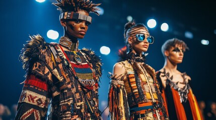 Fototapeta premium Three models wearing colorful patterned clothing stand on a runway