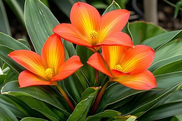 Vibrant Orange Flowers with Bright Petals Surrounded by Green Leaves