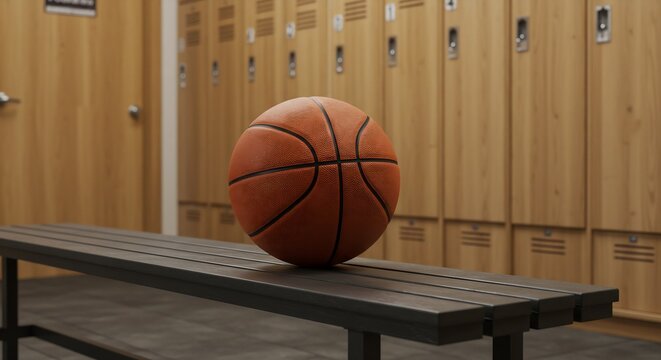 Close-up of a basketball resting on a bench in a wooden locker room