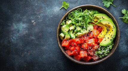A colorful bowl of poke with tuna, avocado, and sesame seeds. Featuring freshness and nutrition