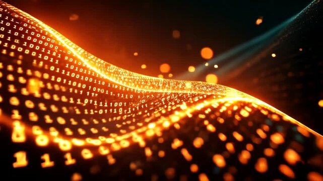 Vibrant digital wave of binary code flowing through a dark background with glowing particles
