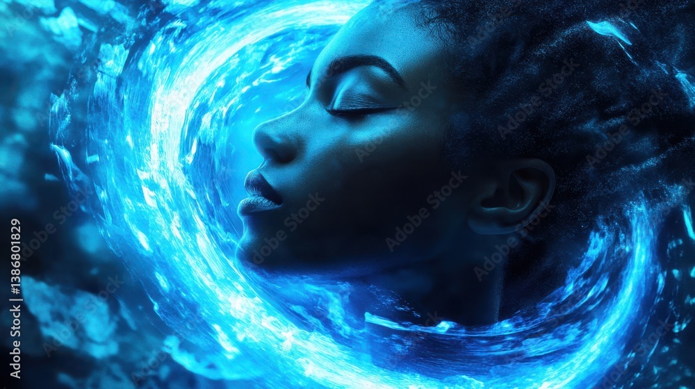 Poster a vibrant blue glow emanates from a spiraling circle of light, creating a dynamic and ethereal abstr