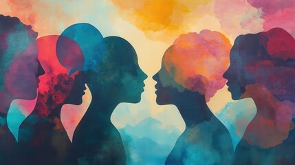 Diverse colorful thinking and speech bubbles surrounding a panoramic banner of silhouetted community members' heads, representing dynamic team collaboration and effective communication. illustration