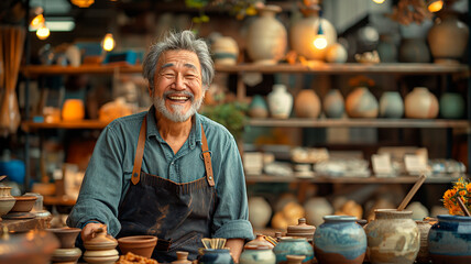 Vendedor sonriente de artesanías mostrando su trabajo con orgullo