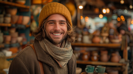 Vendedor sonriente de artesanías mostrando su trabajo con orgullo