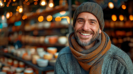 Vendedor sonriente de artesanías mostrando su trabajo con orgullo