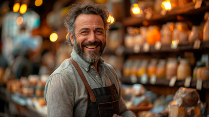 Vendedor sonriente de artesanías mostrando su trabajo con orgullo