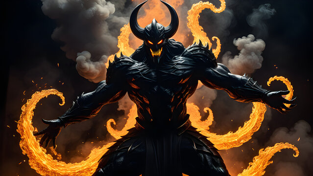 Horned dark demon standing strong with flaming tendrils and thick smoke background. Fantasy character concept