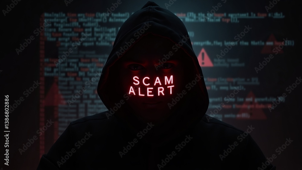 Poster mysterious figure in a hoodie with glowing 'scam alert' message against a backdrop of code, evoking 