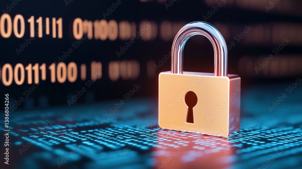Poster a digital lock stands prominently against a backdrop of binary code, symbolizing cybersecurity and d