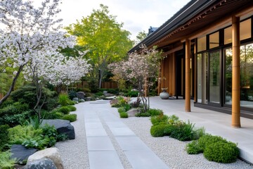 Obraz premium Elegant japanese garden with blooming cherry trees surrounding modern house