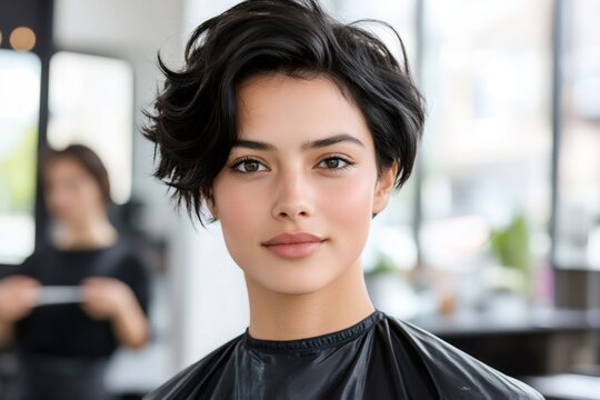 Young woman with a pixie cut looking at the camera in a hair salon