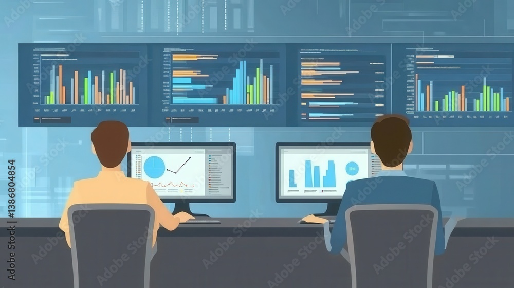 Poster business team analytics and monitoring on web report dashboard monitor concept. illustration