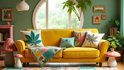 Pastel sofa with rainbow-embroidered cannabis leaves in a magical storybook-inspired playroom.