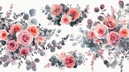 Set watercolor elements of pink roses; collection garden flowers; leaves; branches. Botanic; illustration, eucalyptus; Wedding floral design illustration