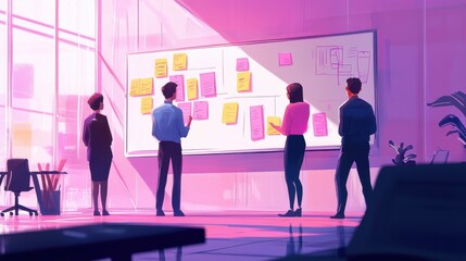 Businesspeople collaborating on a whiteboard with sticky notes illustration