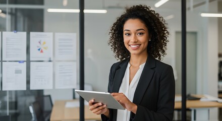 A woman with curly hair smiles while using a tablet in a modern office.