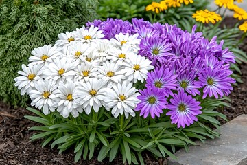 Vibrant Flower Bed with White and Purple Daisies in Spring Garden
