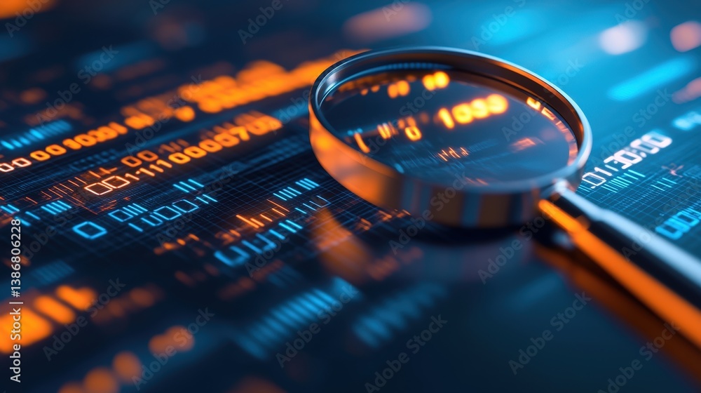 Poster a high-tech magnifying glass focuses on digital data streams, showcasing a futuristic blend of techn